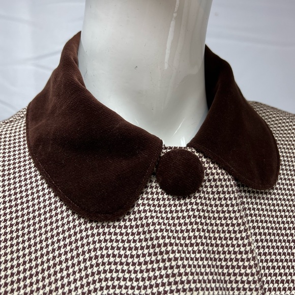 Women's Vintage Sherbrooke Brown Houndsbooth Wool Tweed Velvet Overcoat Jacket L - Picture 2 of 9
